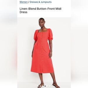 NWT Old Navy Red Linen Button-Front Midi Dress